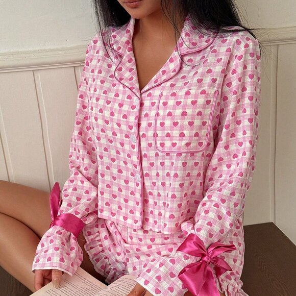 Pink Women's Heart Print Bowknot Pajama Set